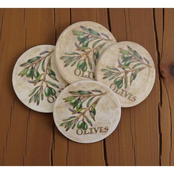 Ceramic Cork Bottom Coasters Set of 4 Olive Branch Design Matte Finish 4" - Picture 4 of 4